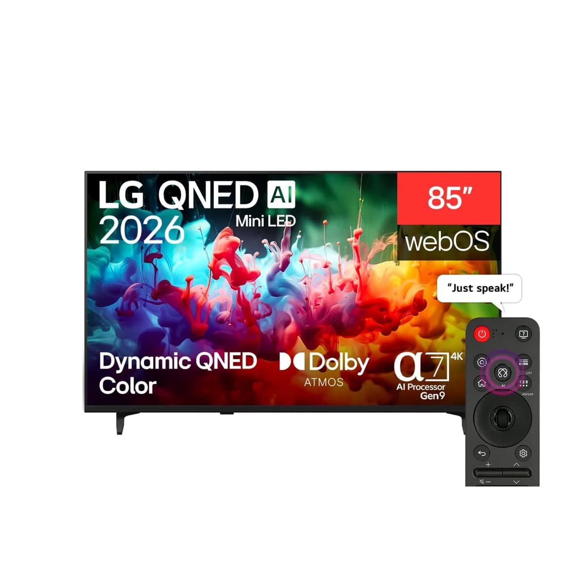 LG QNED70 85-inch TV front view with remote